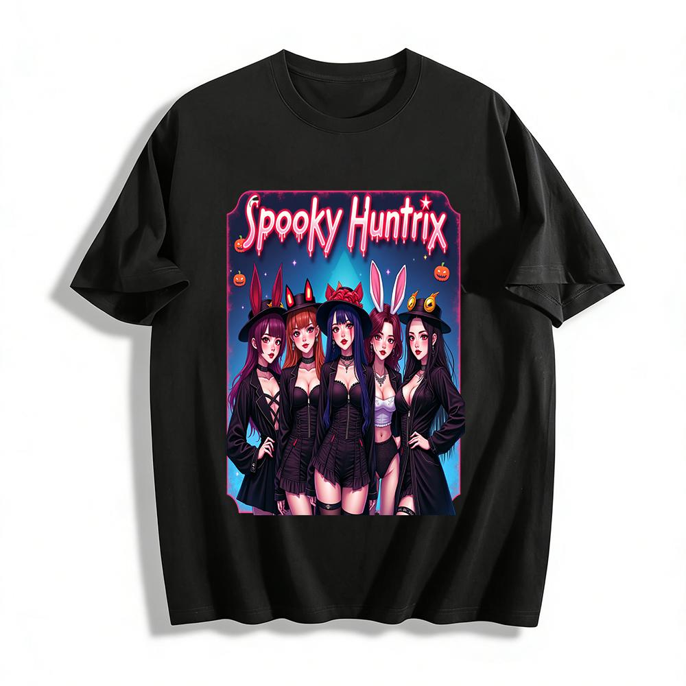 

Spooky Huntrix Halloween Girl Group Print Top Gothic Bunny Cat Ear Theme Casual Tee for Women Pure cotton T-shirt XXS