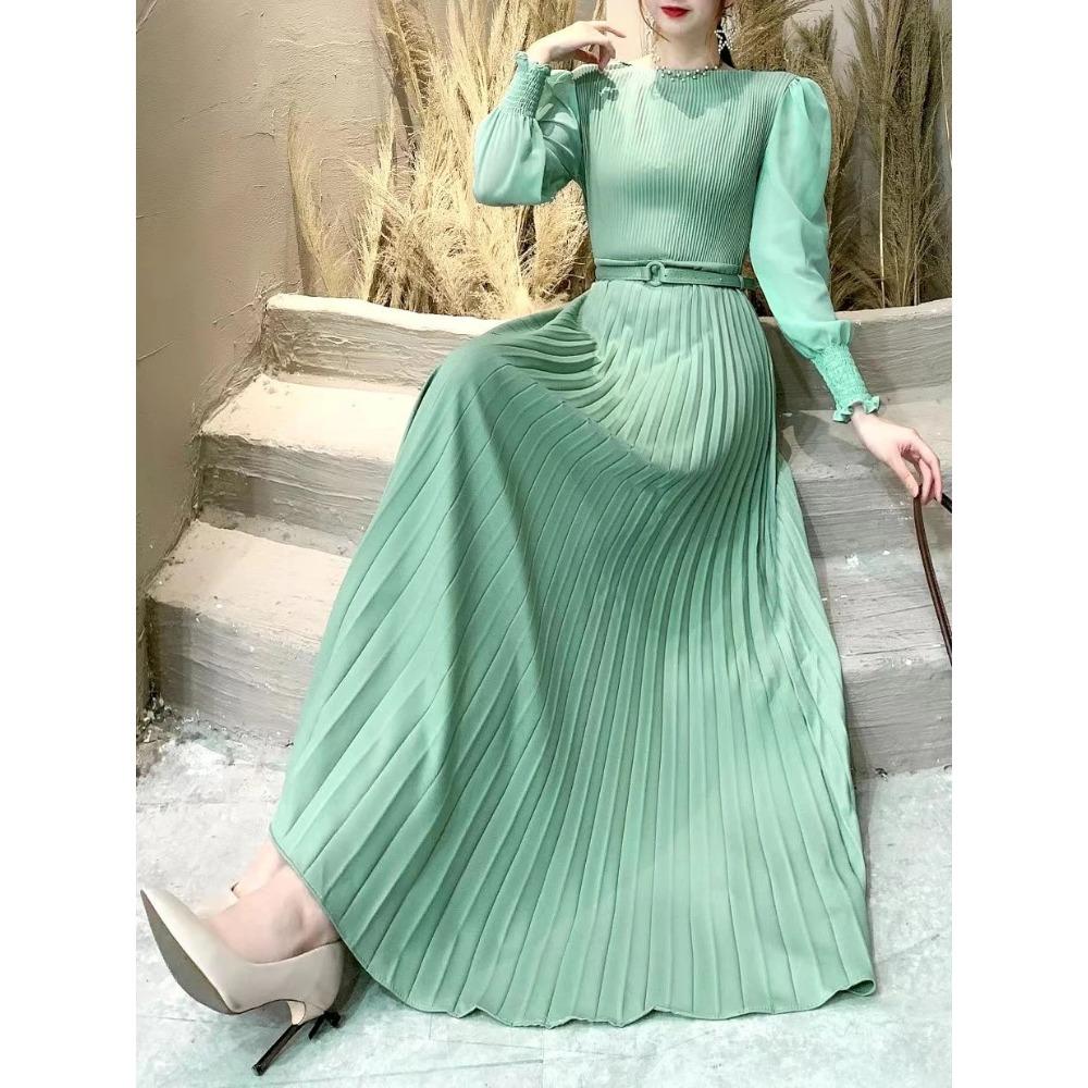 Women Slim Pleated Maxi Dress with Belt Female Streetwear Vintage Dress Tie Front Dress  Robe