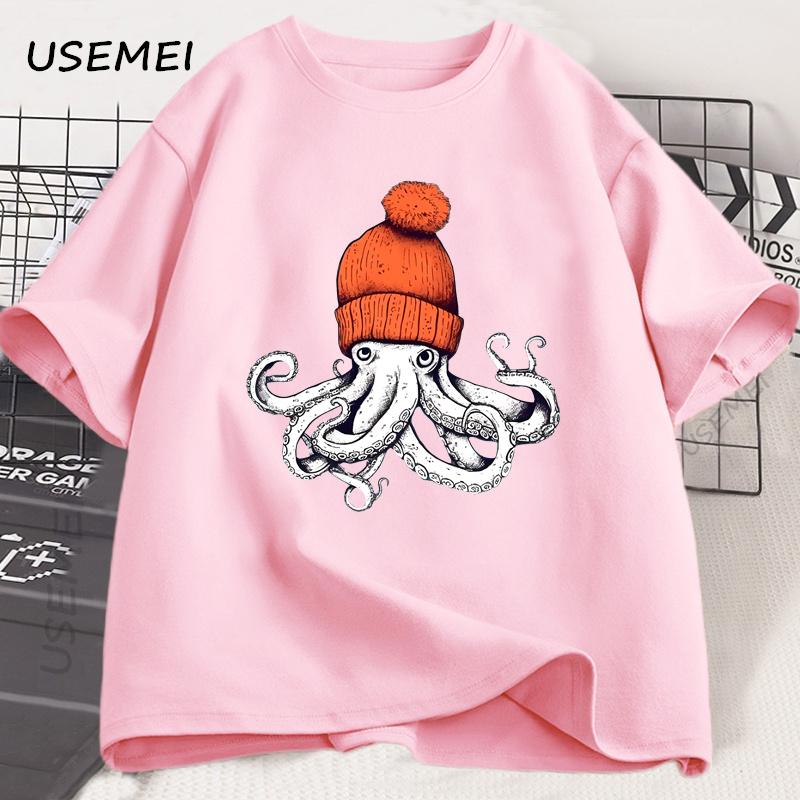 Octopus Orange Beanie Cotton T-shirt Japanese Style Graphic Tees Casual Cotton Short Sleeve Round Neck Tshirts Unisex Clothes