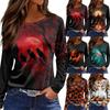 Women's Halloween Print Long Sleeve Round Neck Top with Hem Slit
