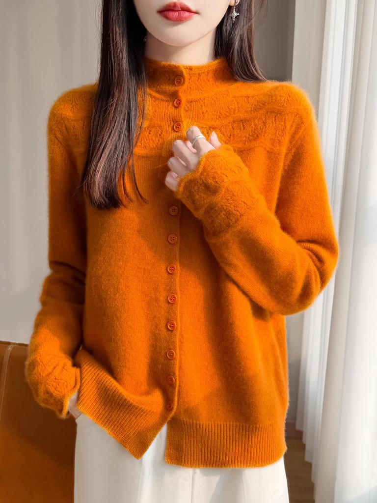 Velvet Knit Cardigan: Women's Half-High Collar, Thick Wave Pattern, Seven-Needle Crochet Sweater