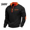 Solid Color Zip Up Tops Men Quarter Zipper Pullover Tops, Mock Neck Long Sleeve Sweatshirt, Contrast Winter Warm Casual Sport with Chest Pocket, Fall