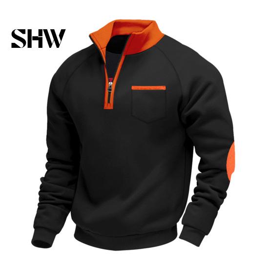 Solid Color Zip Up Tops Men Quarter Zipper Pullover Tops, Mock Neck Long Sleeve Sweatshirt, Contrast Winter Warm Casual Sport with Chest Pocket, Fall