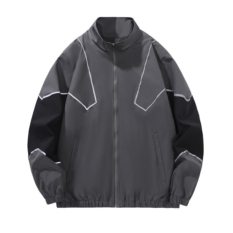 

Men s Spring & Autumn Color-Block Sports Jacket with Reflective Strips - Casual Stand-Up Collar. 4XL