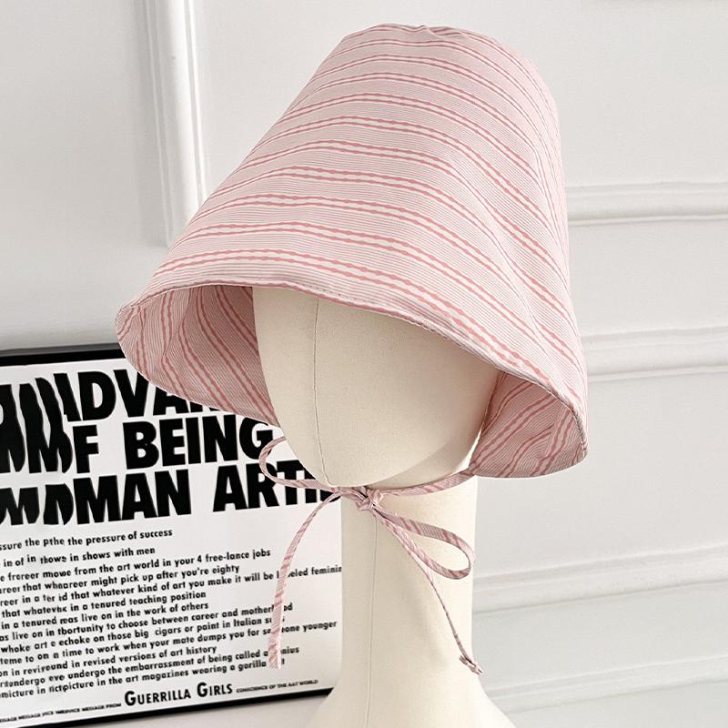 Pastoral Style Floral Bucket Hats French Striped Lace Up Wide-Brimmed Sun Hat