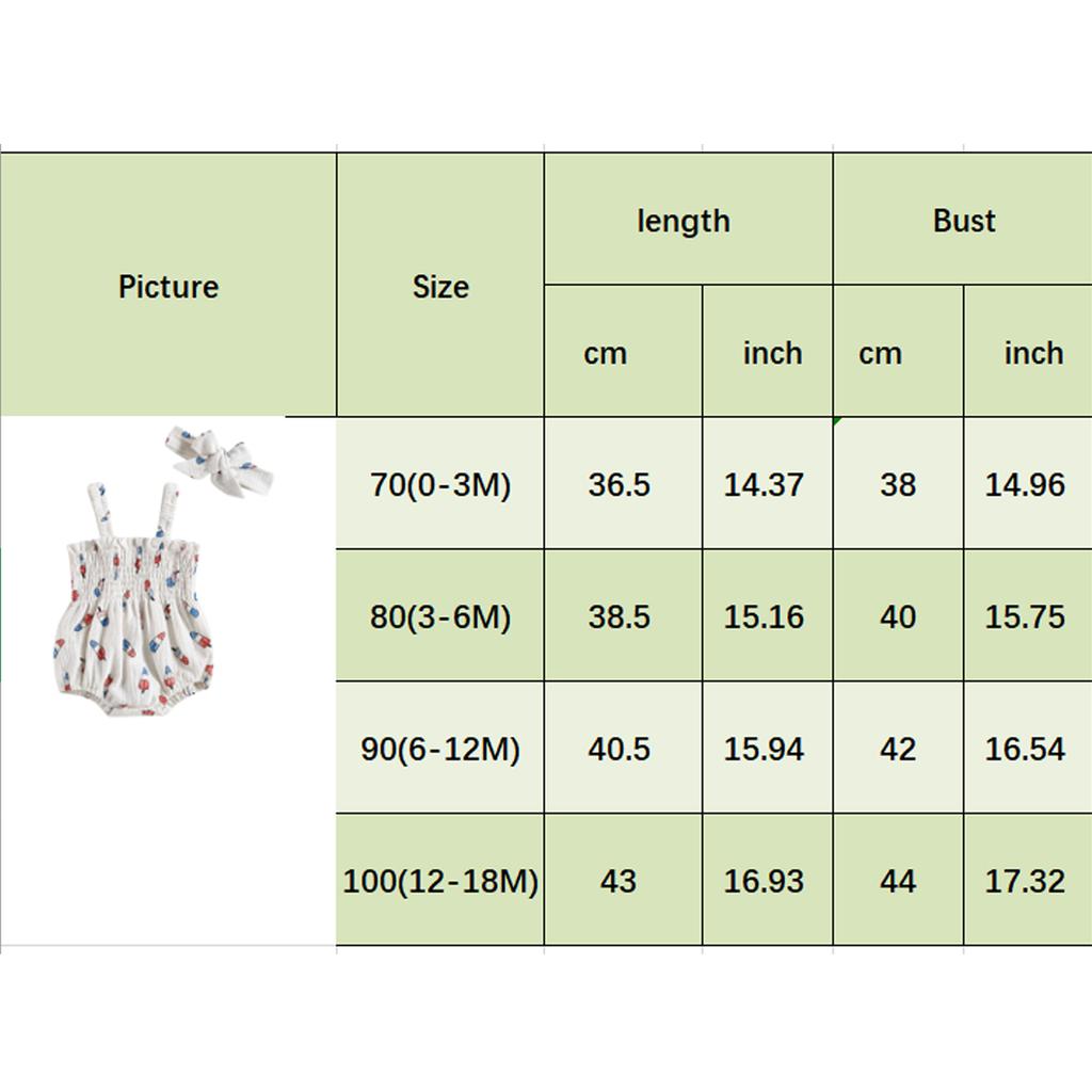 Independence Day Baby Girl Jumpsuit Set Summer Ice Cream Print Sleeveless Ruched Rompers and Stretch Headband