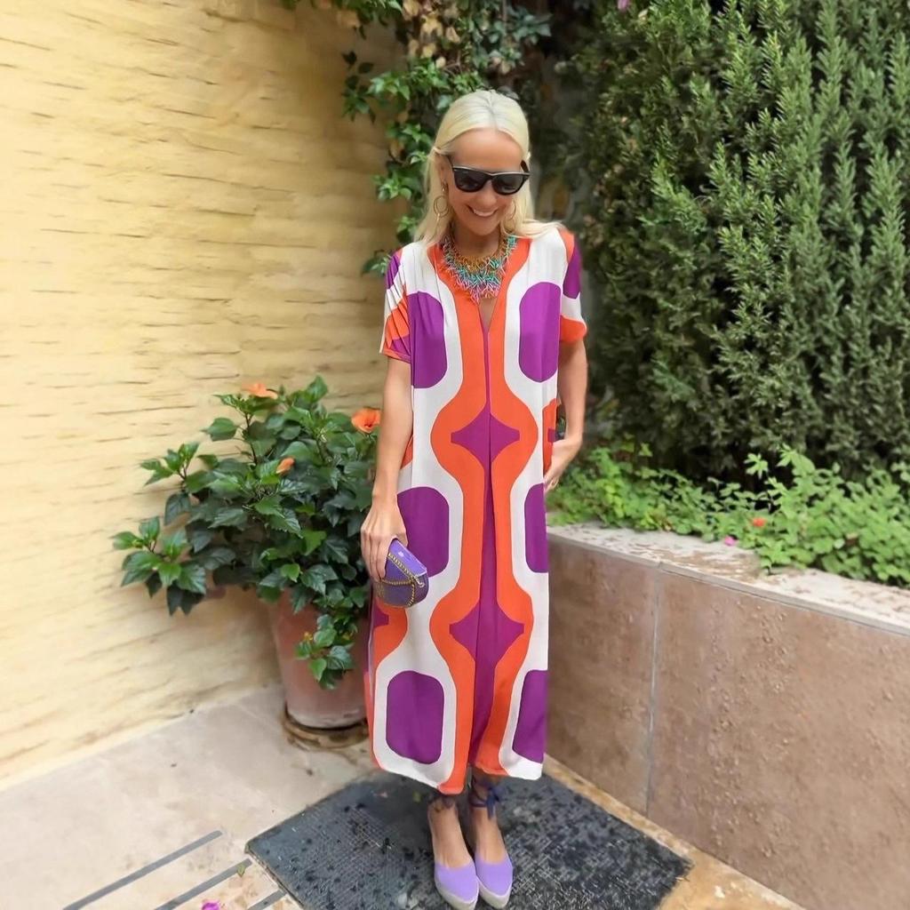 Summer Loose Waist Short Sleeve Mid-Length V-Neck Dress with European & American Ethnic Print