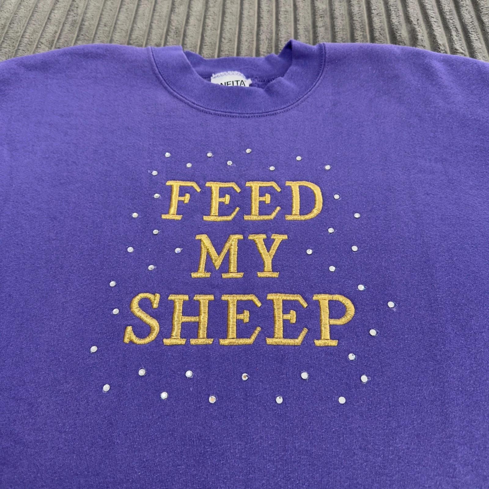 

VTG Feed My Sheep Sweatshirt Adults L Purple Rhinestone Religious Oneida USA S