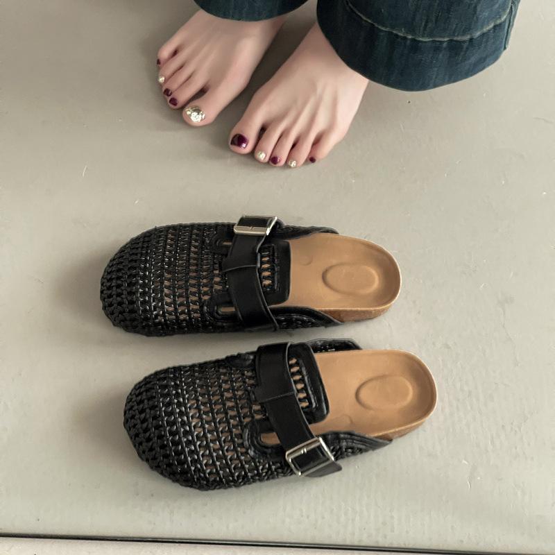 Fashion Hollow Woven Breathable Bag Head Half Slippers Ladies Summer Retro Internet Celebrity Lazy Casual Cool Slippers Boken Shoes