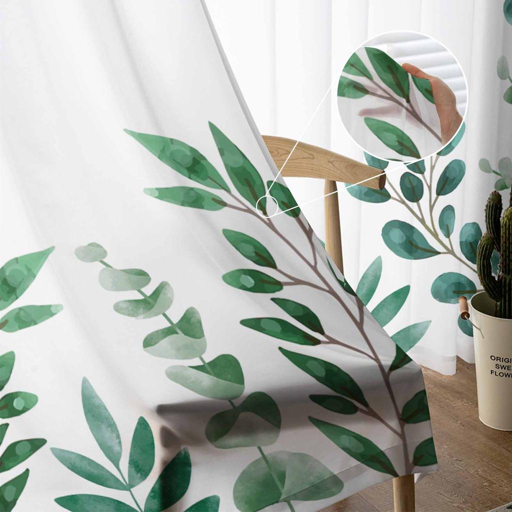 Plant Dark Green Tea Green Leaves Watercolor Rural Sheer Curtains for Kids Living Room Voile Window Curtains Tulle Drapes