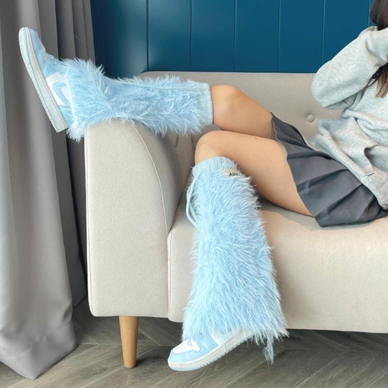 Womens Y2K Girls Winter Furry Leg Warmer wtih Drawstring Harajuku Letter Label Furry Plush Flared Boot Cover Long Socks