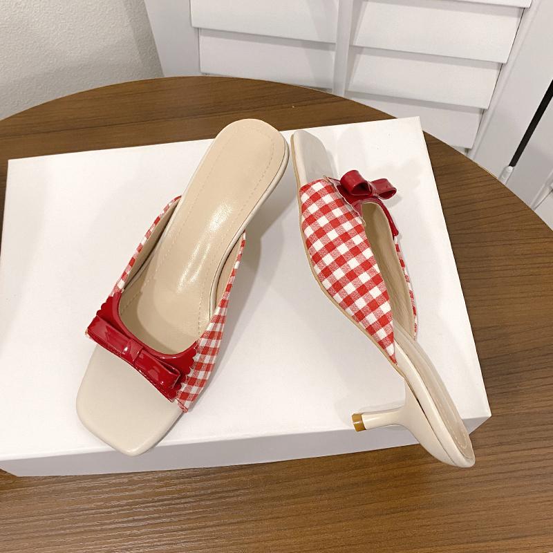 Fashion Design Shoes Retro Plaid Bow Sandals Kitten Heels French Style Peep Toe Shoes Mixed Color Sweet and Cute Women's Vocation Shoes