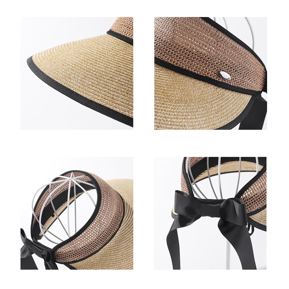 Foldable Straw Sun Visors for Women Sun Protection Wide Brim Bowknot Sun Hat Empty Top Breathable