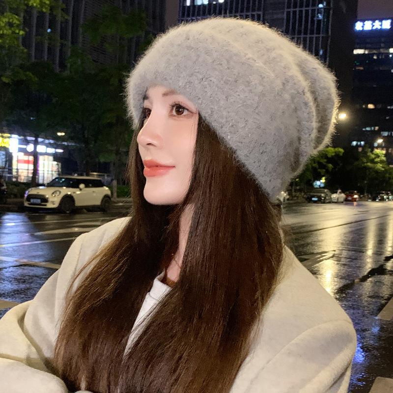 New hat women's big head circumference thickened stacking hat fashionable versatile warm show small face ear protection knitted wool hat