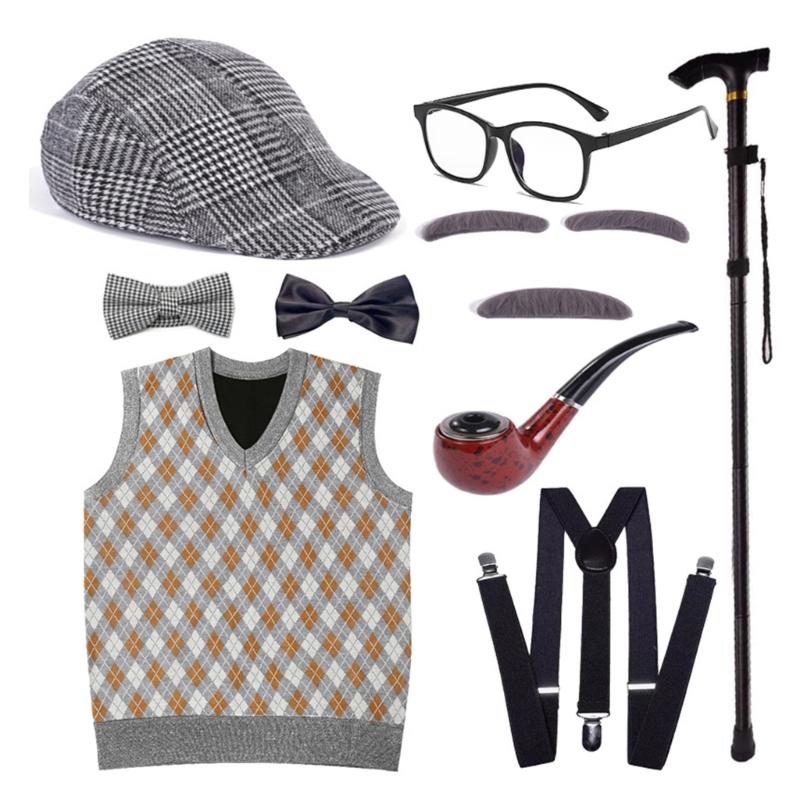 100 Days Of School Halloween Grandpa Costume Set Old Man Costume Set Hat Glasses Mustache and Eyebrows for Kids Boys