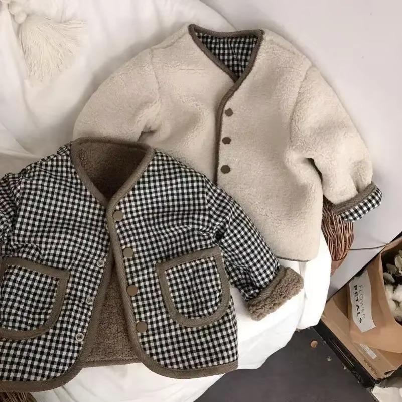 Autumn and Winter New Warm Jacket Children Two Sides Wear Plaid Plush Jacket Kids Jackets Winter Clothes for Girls