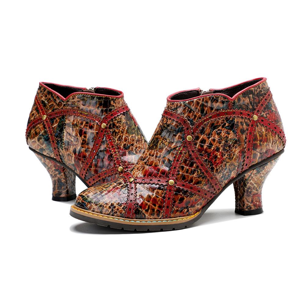 Johnature Rýt Spliced ​​Fashion High Heels Dámské z pravé kůže s kulatou špičkou Všestranné lodičky