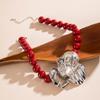 Retro Light Luxury Acrylic Beaded Necklace, Retro Three-dimensional Alloy Flower Pendant Necklace for Women
