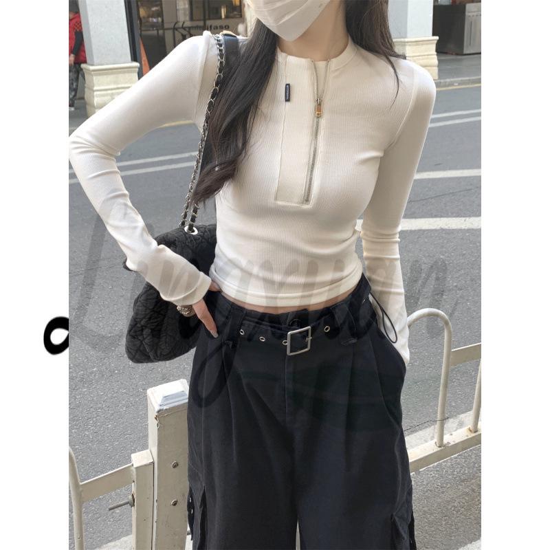

Authentic Autumn Style: Women s Korean Half-Zip Slim-Fit Long-Sleeve Round Neck T-Shirt Small
