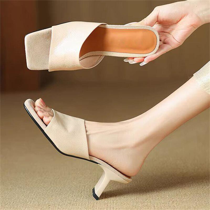 Eilyken Retro Cosy Soft Leather Open Toe Women Slippers Summer High Quality Square Low Heels Party Dress Shoes