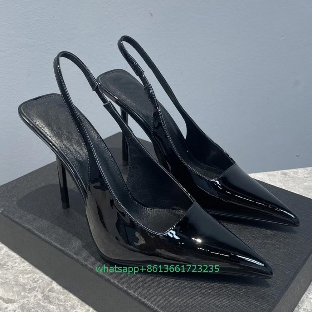 Fashion Slip On Back Strap Slingback Thin High Heels Patent Leather Square Shallow Women Pumps Pointed Toe Sexy Fashion Sandasl Pumps