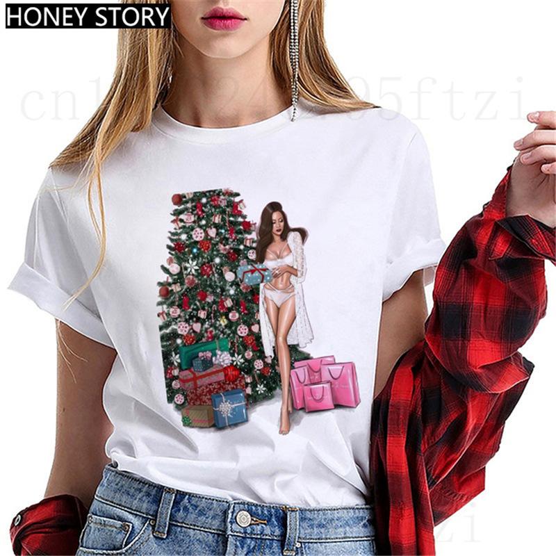 Fashion Cartoon Christmas Tree Graphic Women T-Shirts Summer Short Sleeve O-Neck Female Tops Streetwear Y2K Clothing