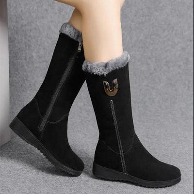 Damskie zimowe buty śnieżne do połowy łydki, ciepłe, wyściełane sztucznym futerkiem, antypoślizgowe, zapinane na suwak z boku, wysokie buty zamszowe dla kobiet, okrągłe noski, puszyste, grube, buty do chodzenia
