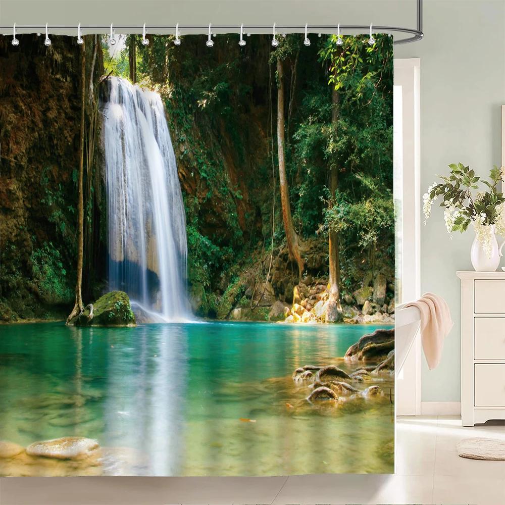 Modern 3D Printing Forest Shower Curtain Green Plant Tree Landscape Bath Curtain With Hooks For Bathroom Waterproof Scenery