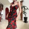 LC French royal sister style red printing suspender dress, high sense temperament, sexy and slim