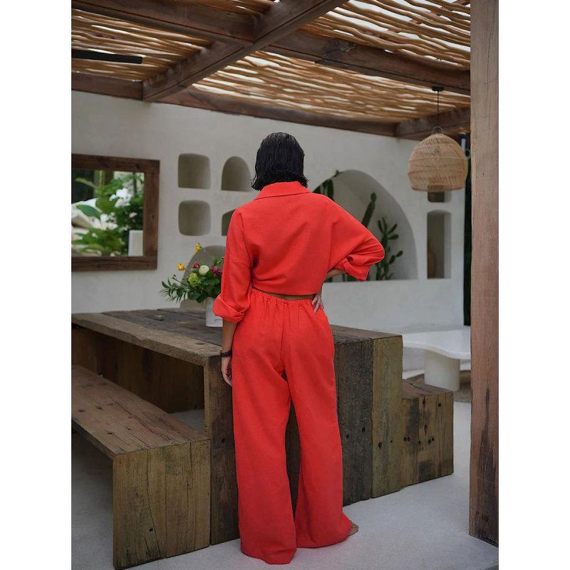 Tooxika Ladies Nova Camisa Solta de Algodão + Conjunto de Calças Largas