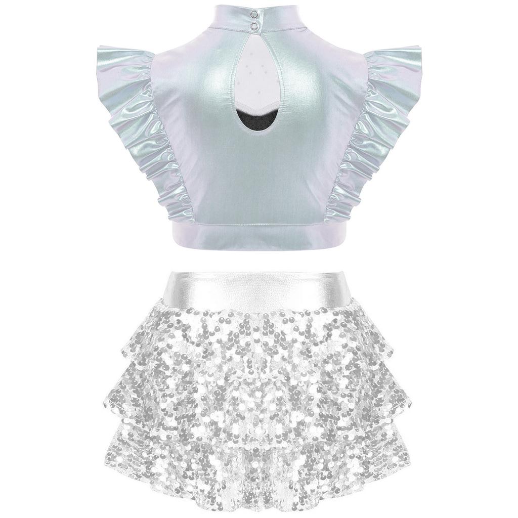 Girls Jazz Dance Outfit Mock Neck Rhinestone Adorned Mesh Patchwork Sleeveless Metallic Ruffle Crop Top