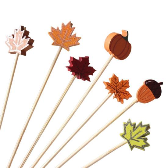 100PCS Disposable Cocktail Picks Thanksgiving Themed Bamboo Skewers with Maple Leaves Pumpkins Acorns