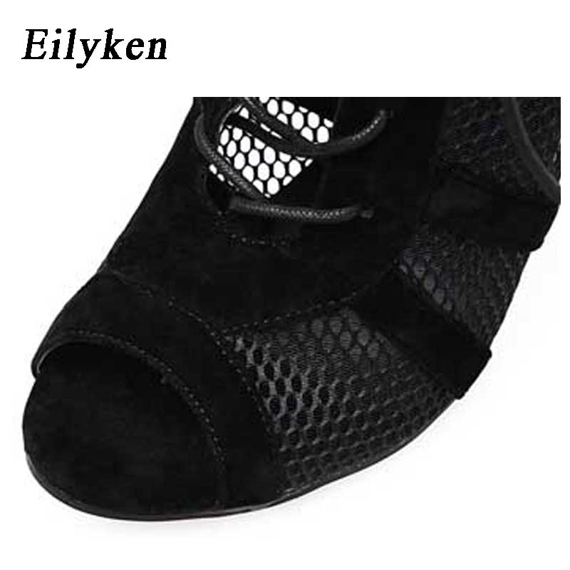 Fashion Black Summer Sandals Lace Up Cross-tied Peep Toe High Heel Ankle Strap Net Surface Hollow Out Shoes