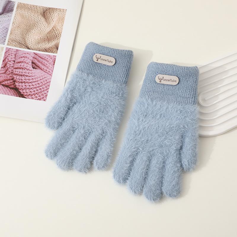 Hairy gloves female winter cute color matching plush knitted wool five fingers plush thickened cycling warm