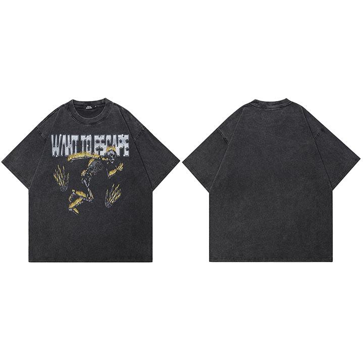 Hip Hop Washed Black TShirt Streetwear Flame Running Skeleton Skull Graphic T Shirt Cotton Men Tshirt Unisex Tops Tees M