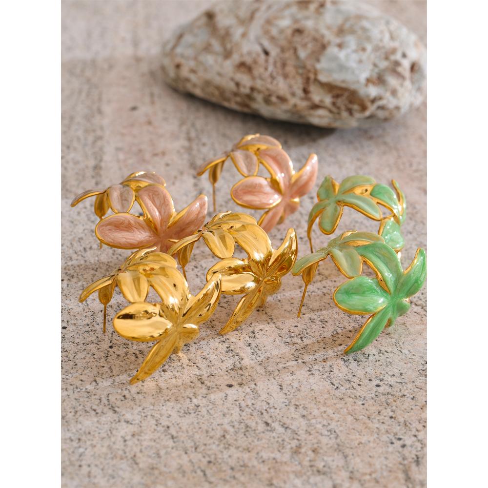 Eetit Grüne Rosa Emaille Goldene Blume Creolen für Damen Exquisiter Edelstahl Täglich Vielseitiger Modeschmuck Geschenk
