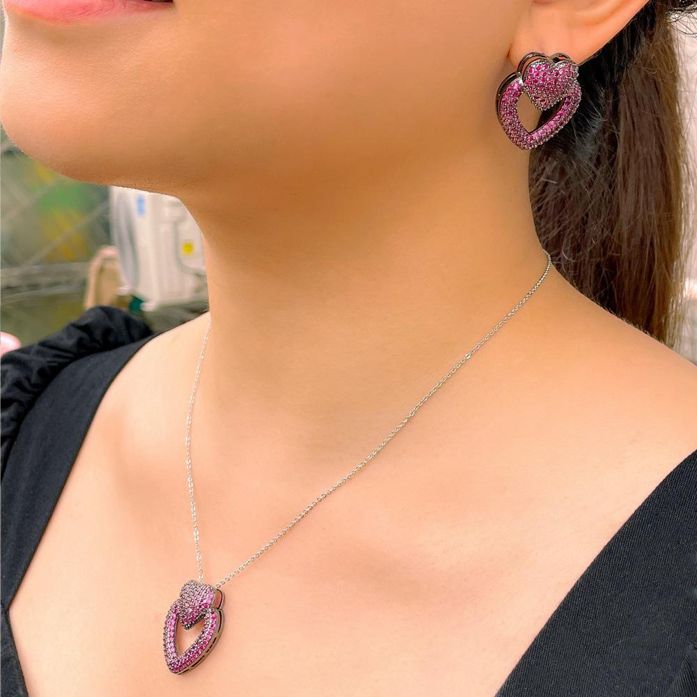 Popular Jewelry Peach Heart Shape Micro-Inlaid Zircon Set Chain Love Stud Earrings Necklace Full Of Diamonds Two-Piece Set