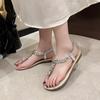 2024 new summer sandals female Korean version fairy style flat bottom toe elastic band bohemian rhinestone sandals