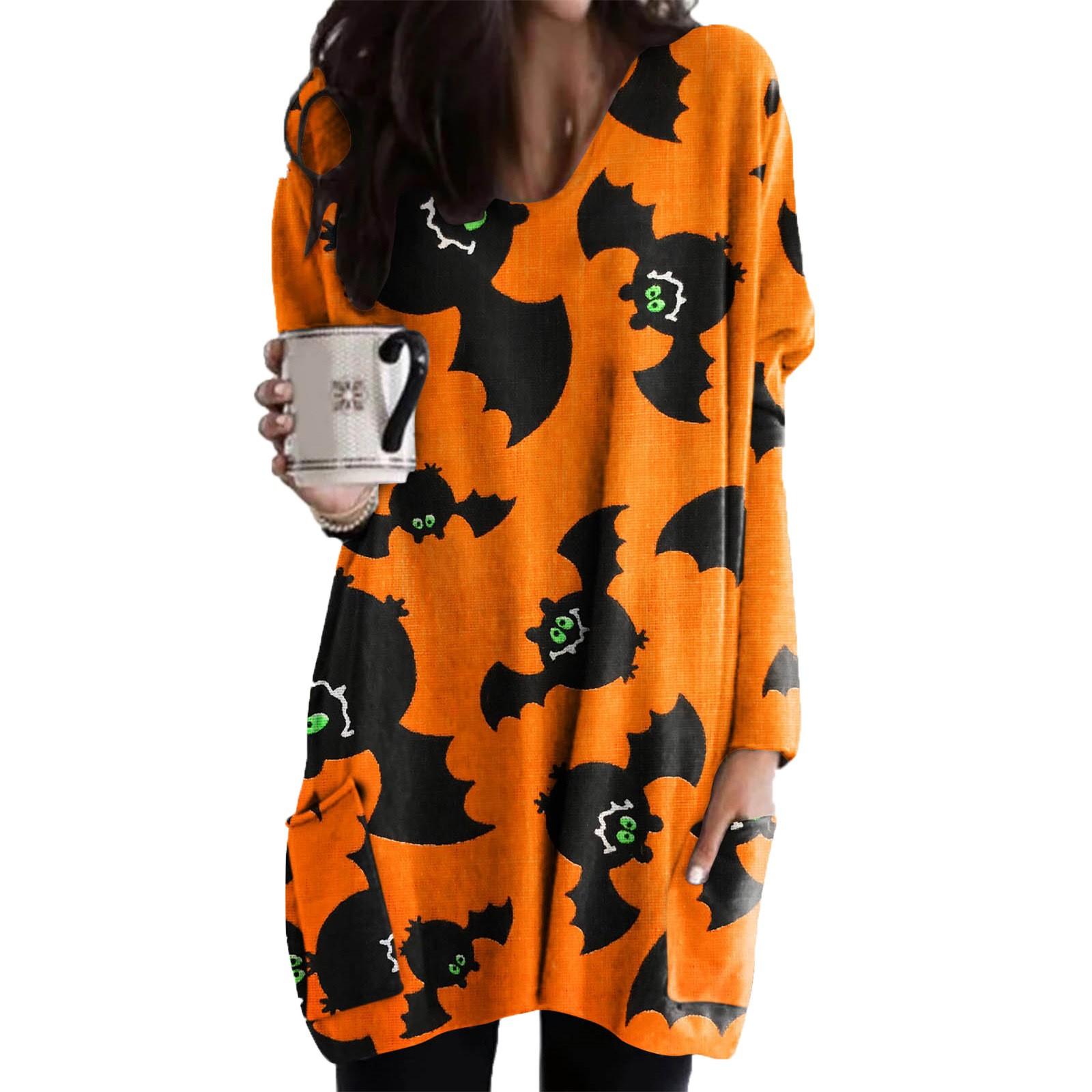 

Ladies Casual Halloween Print Round Neck Pullover Long Sleeve Pocket Midi Top XXXL золотий