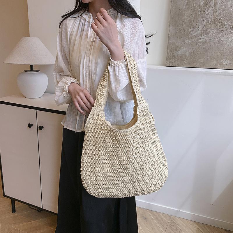 Solid Color Woven Tote Bag Hollow Out Breathable Shopping Straw Bag Lightweight Summer Beach Handbag For Women AVE