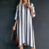 ZANZEA Women Stand Collar 3/4 Sleeve Loose Stripe Shirt Dress