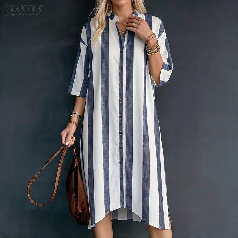 ZANZEA Women Stand Collar 3/4 Sleeve Loose Stripe Shirt Dress
