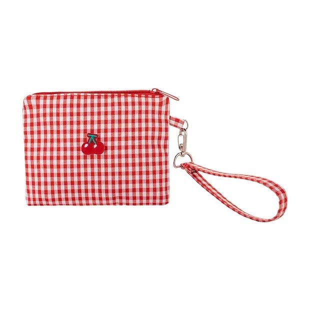 New Arrival: Embroidered Cherry Makeup Bag - Cute, Portable, Large Capacity, Red Plaid
