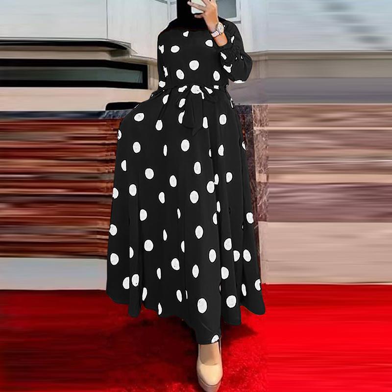 Women s Long Sleeve Round Neck Polka Dot Print Elegant Long Dress S чёрный