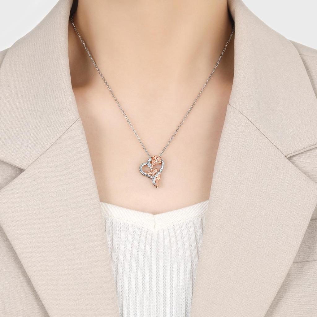 Valentine's Day Heart Rose Diamond Pendant Necklace: European & American Style