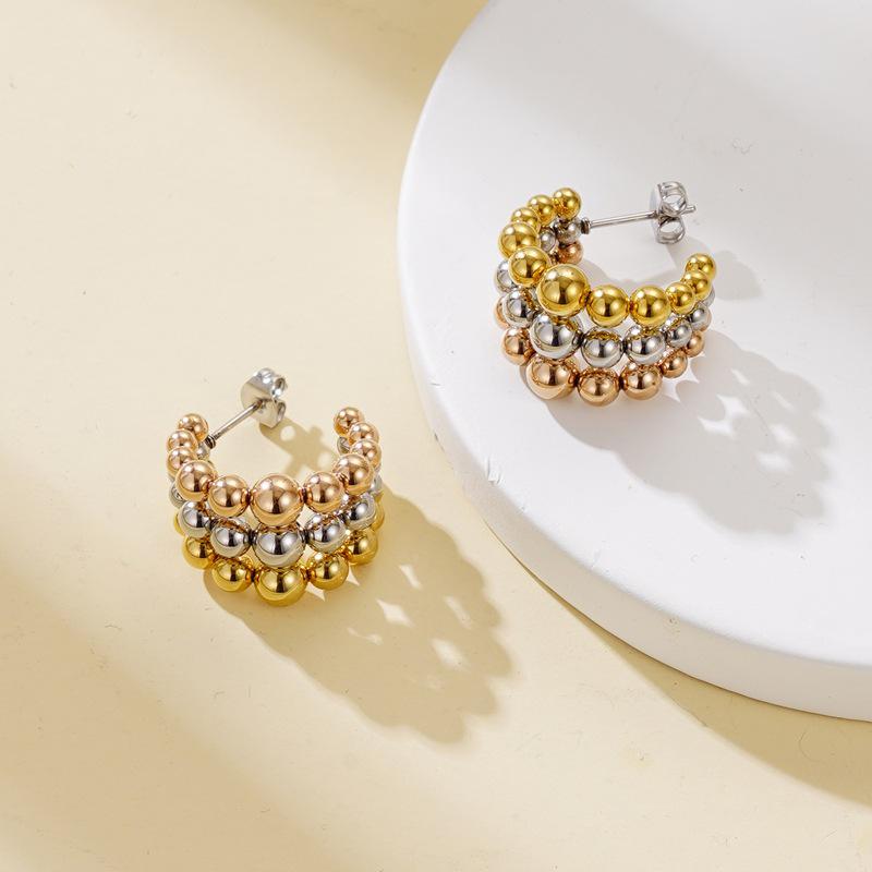 Luxury 18K Gold C-Shaped Earrings: European & American Influencer Style with Round Bead Design for Women
