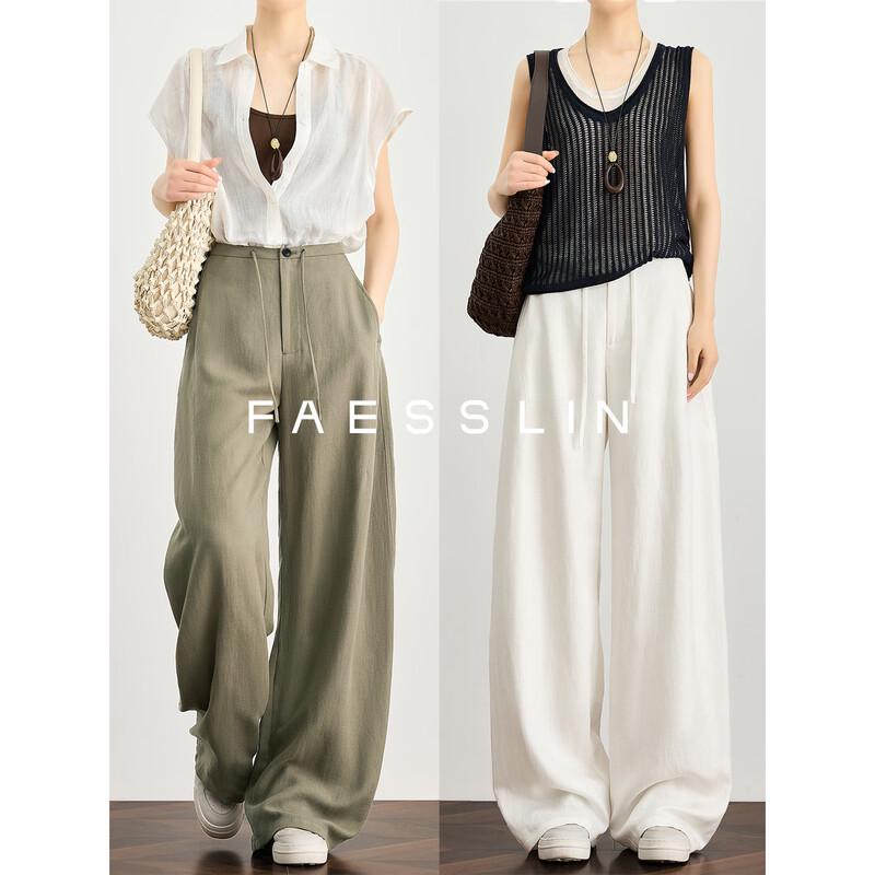 FAESSLIN Women s Tencel Linen High-Waisted Straight-Leg Pants L