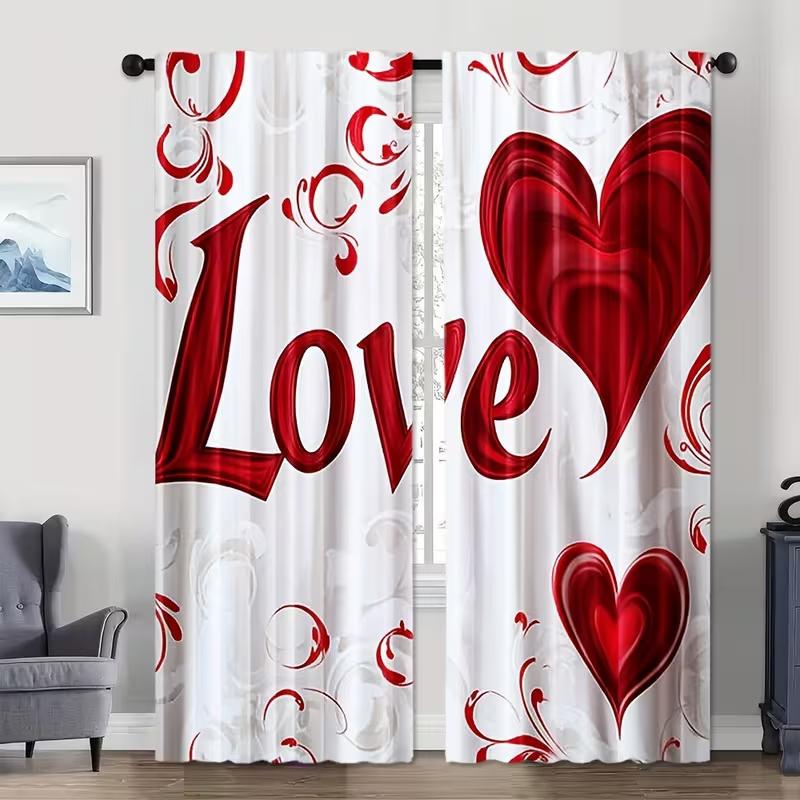 Valentine's Day-2Pcs Love print curtains,suitable for bedroom,living room kitchen decoration,home decoration,window decoration