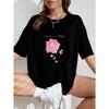 White Oversized T Shirt With Pink Rose And Text Print For Casual Wear