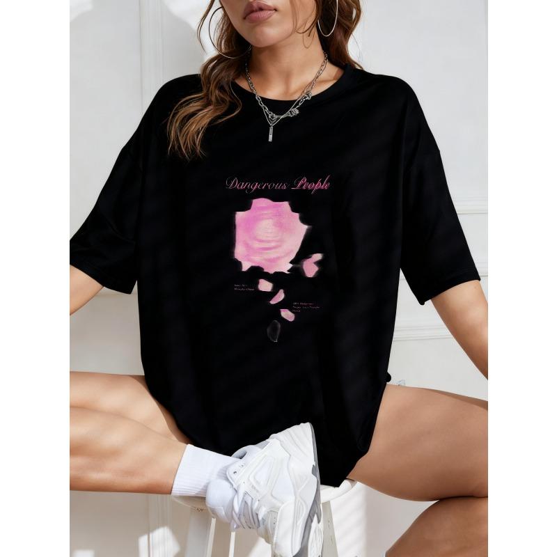 White Oversized T Shirt With Pink Rose And Text Print For Casual Wear